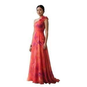 Muse Marchesa One Shoulder Hibiscus Orange Evening Gown Formal Dress Size 6